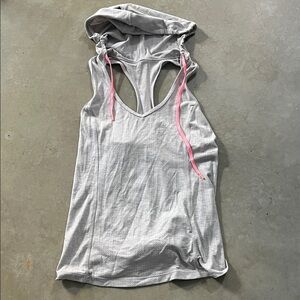 Gray Sleeveless Hoodie WORKOUT TANK with Pink Drawstrings